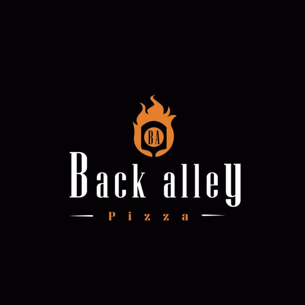 Back Alley Pizza logo with white text and an orange flame icon containing 'BA' on a black background.