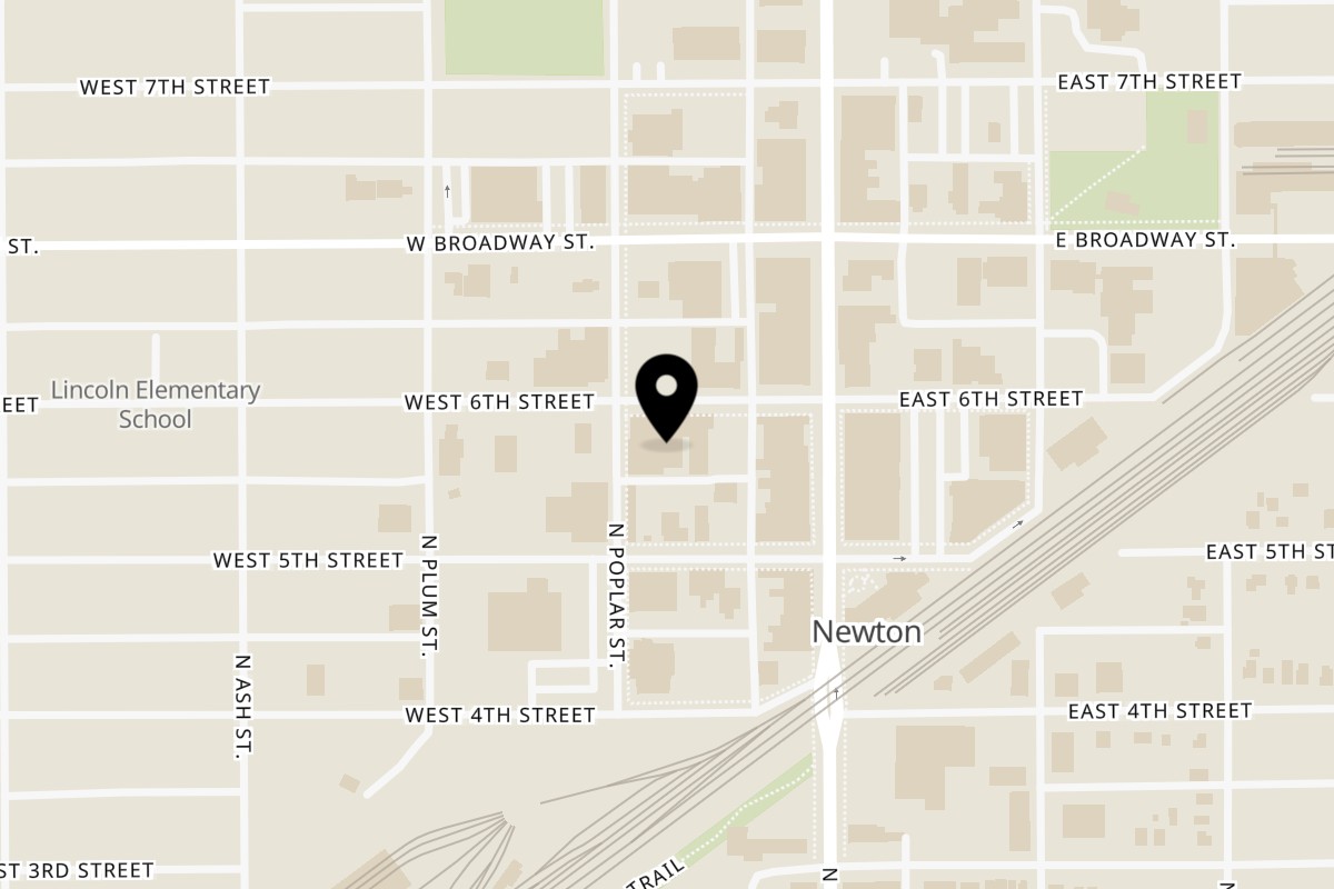 Map showing the location of Back Alley Pizza on 125 W 6th St in Newton